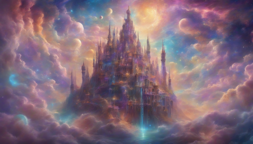 A surreal realm unfolds, where the Nebula Crown Palace floats amidst iridescent clouds, its turrets and spires melting like wax, as stardust and moonbeams dance across its ethereal facade, weaving an otherworldly tapestry of wonder and magic.