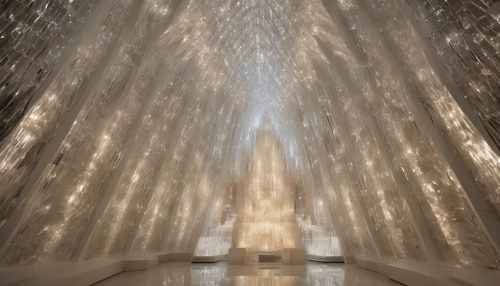 Intricate carvings adorn the Underground Crystal Cathedral, where ornate Baroque details dance across glittering crystal formations, reflecting shimmering light in an ethereal ambiance.