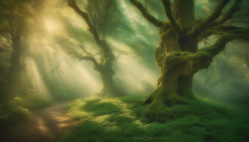 An ethereal scene unfolds within a towering enchanted forest, bathed in the warm, nostalgic hues of a vintage filter. Sunlight streams through a canopy of lush, emerald leaves, casting intricate shadows on the mossy floor. Delicate wisps of mist weave through ancient trees, hinting at hidden magic and fairytale wonders, inviting the viewer into this mesmerizing realm.