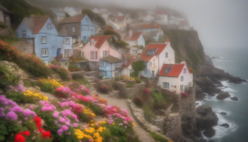 Imagine a serene coastal village perched on a fog-covered cliff, where time seems to stand still. Narrow cobblestone streets wind between quaint, weathered cottages adorned with colorful flowers. The air is thick with mystery as soft tendrils of mist curl through the scene, enhancing the faded hues of the vintage filter, creating an enchanting, dreamlike atmosphere.