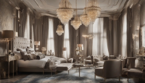 Opulent chandeliers, intricate patterns, and metallic accents adorn a lavish room, evoking the grandeur of the Roaring Twenties, with plush furnishings, geometric shapes, and a sophisticated ambiance that exudes vintage glamour and refinement.