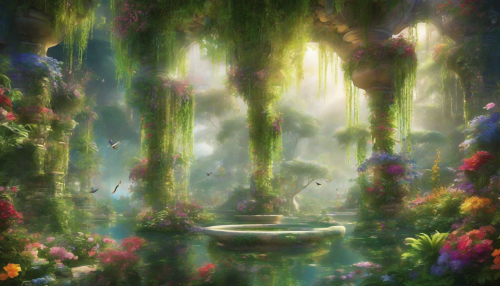 Envision a breathtaking scene of lush hanging gardens suspended in a celestial realm, where vibrant flowers cascade from ethereal terraces. Sunlight filters through wisps of mist, illuminating intricate mosaics and serene water features that symbolize prophetic harmony. Birds of brilliant colors soar among the greenery, while whispers of ancient wisdom echo softly, inviting viewers into a world of divine beauty and inspiration.