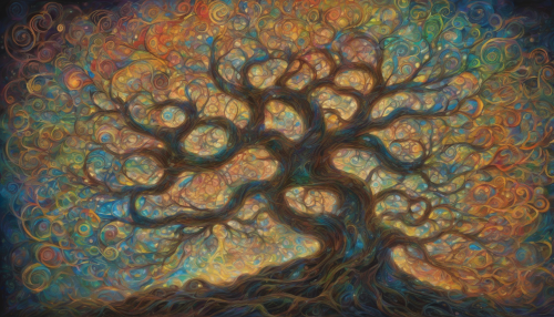 A mesmerizing fusion of kinetic art and the ancient Tree of Knowledge, this image depicts a towering tree whose branches sway and twist with ethereal motion. Each leaf is intricately detailed, glowing with wisdom and secrets of the ages. Surrounding it, swirling patterns of color and light evoke a sense of dynamic energy, as if the tree breathes and whispers the stories of time.