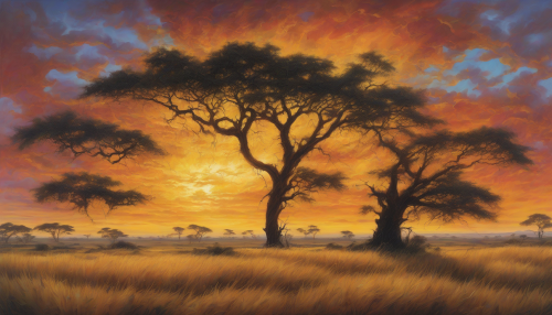 In the heart of a golden savannah, the sun dips low, casting an ethereal glow over endless plains. Silhouetted acacia trees dot the landscape, while whispers of ancient prophecies weave through the tall grass. Enigmatic clouds swirl above, hinting at divine revelations, and a tapestry of vibrant colors dances across the sky, inviting the viewer into a realm of mystique and wonder.