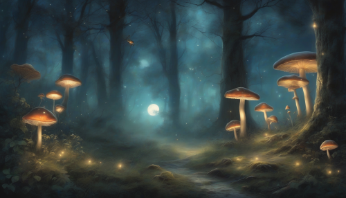 Moonlit trees with glowing mushrooms and fireflies, surrounded by a misty aura, evoking an enchanting atmosphere of mystery and wonder, where nature's secrets whisper through the woods.