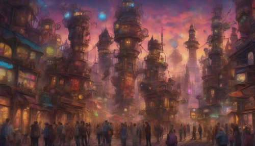 In a bustling cityscape, a magnificent clockwork tower rises, its gears and cogs glinting against the twilight sky. Neon lights flicker around it, illuminating the diverse crowd beneath, engrossed in their digital lives. Steam billows from nearby vents, and vibrant street art adorns the walls, merging modern urban life with the whimsical magic of a fantastical world.