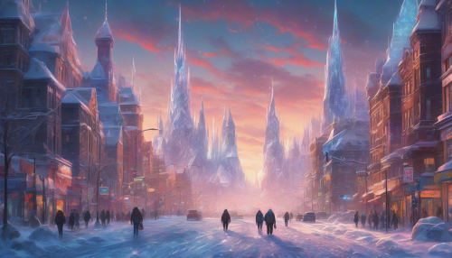 A vibrant city skyline rises amidst a breathtaking frozen tundra, where towering ice spires glisten under the pale sun. Neon lights flicker against the icy landscape, casting colorful reflections on the snow. People in winter gear bustle through the streets, blending urban life with the serene beauty of ice formations, creating a stunning juxtaposition of warmth and cold.