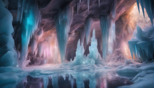 Dive into a breathtaking realm where ancient myths intertwine with the enchanting beauty of celestial ice caverns. Dim light refracts through glistening stalactites, creating a dazzling array of colors reminiscent of the cosmos. Legends whisper through frosty air as mythical creatures emerge from the crystalline formations, revealing a magical world where fantasy and nature harmoniously coexist.