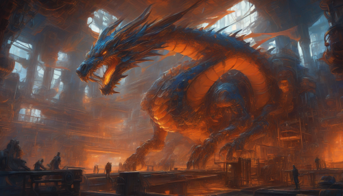 A futuristic, industrial cave filled with metallic scales, hissing pipes, and roaring machinery, as a massive mechanical dragon rises from the center, surrounded by a gradient of fiery oranges and deep blues, evoking a sense of steam-powered magic and mythological wonder.