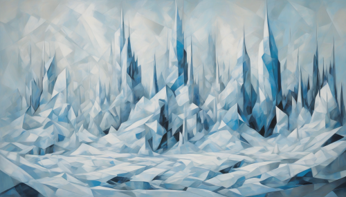 This artwork fuses the mystique of abstract figures with the chilling allure of a frozen tundra, highlighting towering ice spires as the primary element. The juxtaposition of fractured geometric shapes represents the harsh, unforgiving environment, interspersed with the ethereal beauty of icy peaks piercing the frosty skyline. The color palette is dominated by icy blues and stark whites, evoking a sense of unending cold. The abstract representation lends an otherworldly aura to this desolate yet strangely captivating landscape.