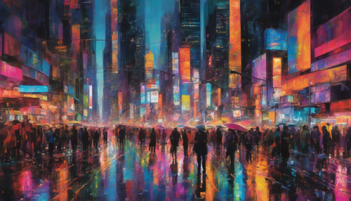 A bustling metropolitan landscape at dusk, with neon lights reflecting off wet pavement, towering skyscrapers, and bustling streets filled with people, capturing the essence of urban life in a kaleidoscope of colors and textures.