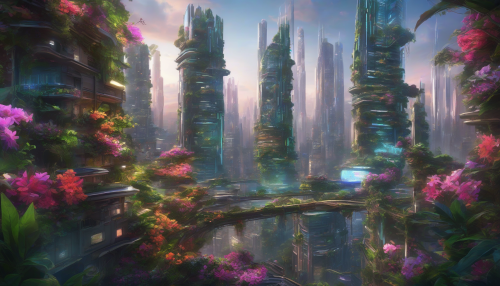 A futuristic cityscape where neon lights and metallic skyscrapers harmoniously intertwine with lush greenery and vibrant flowers, as nature reclaiming its space amidst technological advancements, creating a breathtakingly beautiful fusion of contrasts.