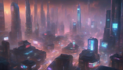 A futuristic cityscape unfolds with neon lights, sleek skyscrapers, and holographic advertisements, as humans and robots coexist in a bustling metropolis, with a dense fog rolling in, shrouding the scene in an air of mystery and technological advancement.