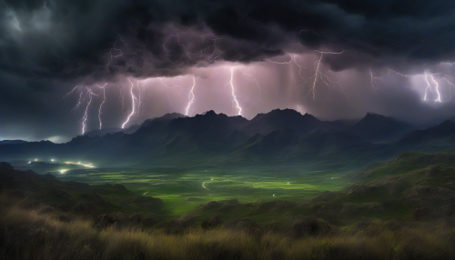 Capture a breathtaking scene of electric storm fields, where dark, swirling clouds clash with vibrant flashes of lightning. The landscape is rugged, featuring jagged mountains silhouetted against the stormy sky. Lush, wild vegetation sways in the fierce wind, while droplets of rain glint like diamonds in the fleeting bursts of light, showcasing the untamed beauty of nature’s fury.