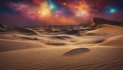 Immerse yourself in a surreal desert landscape where ethereal beauty reigns supreme. The night sky shimmers with countless stars, casting a celestial glow on the golden sands below. Unique, abstract formations rise from the ground, blending vivid colors and shapes that evoke emotion without explicit meaning. This mesmerizing scene invites contemplation of the mysteries of the universe.