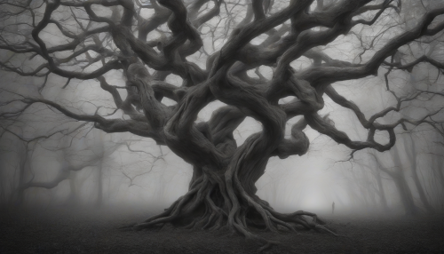 In the mystical realm of Whispering Woods, twisted tree branches symbolize the complexities of the human mind, where leaves whisper ancient secrets and shadows dance with forgotten memories, inviting introspection and self-discovery amidst the eerie silence.