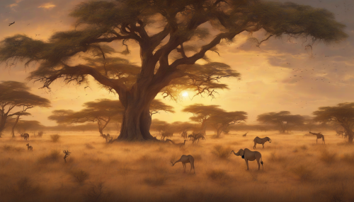 Under the warm, golden light of a savannah sunset, a time traveler emerges, surrounded by acacia trees and roaming wildlife, as the endless plains stretch out before them, filled with secrets and mysteries waiting to be uncovered.