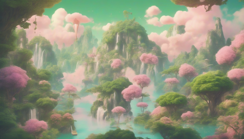 Envision a surreal landscape where lush green islands float gracefully amidst a pastel-hued sky. Each island teems with vibrant flora, shadows cast by whimsical trees, and delicate waterfalls cascading into the clouds below. A vintage filter softens the scene, infusing it with a nostalgic charm, reminiscent of classic adventure tales set in magical realms.