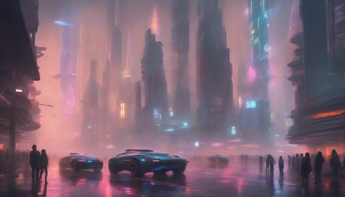 A futuristic metropolis with sleek skyscrapers, neon lights reflecting off wet pavement, and humans mingling with robots, amidst a haze of smoke and mist, with flying cars zooming by, capturing the essence of a high-tech, dystopian world.