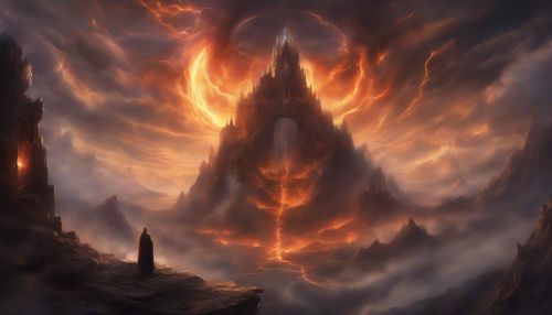 A world in chaos, dark clouds gather, and a glowing prophet stands atop a mountain, surrounded by ancient ruins, as a massive, ethereal portal opens behind, revealing a realm of fiery skies and mystical energies, heralding an era of transformation and reckoning.