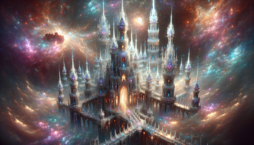 Amidst shimmering stardust, the palace’s iridescent spires pierce the celestial canvas, as glittering nebulae dance around its grandeur, bathing the surrounding fantasy realm in an ethereal glow.