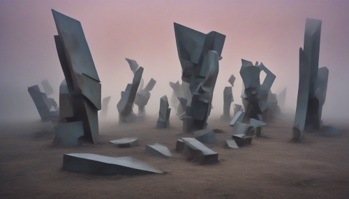 Envision a haunting landscape where colossal, fragmented sculptures stand in a desolate graveyard, their angular shapes and vibrant colors intertwining in a harmonious chaos. Ruins of once-great titans emerge through thick fog, their geometrical forms distorted yet mesmerizing. The ground is strewn with cubist shards, reflecting a surreal twilight, inviting viewers to ponder the remnants of a forgotten past.