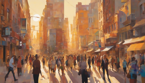 A bustling city scene at dusk, with warm golden light casting long shadows, people of all ages walking in different directions, and vibrant street art adorning the walls, capturing the dynamic energy of urban living.