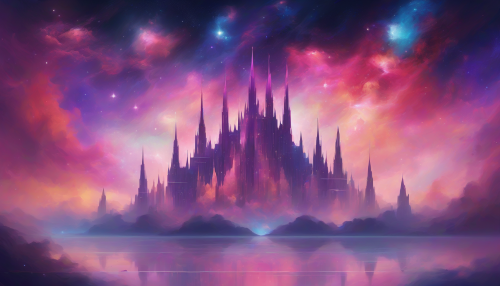 Envision a vast, tranquil landscape dominated by the majestic Nebula Crown Palace, its ethereal spires reflecting cosmic hues. The minimalist composition emphasizes negative space, allowing the vibrant colors of distant galaxies to envelop the serene palace. Wisps of starry clouds drift gracefully overhead, creating a harmonious balance between grandeur and simplicity in this celestial realm.