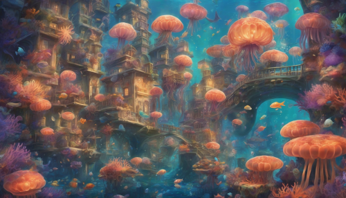 Vibrant coral formations and colorful sea anemones adorn the underwater city, where love and family thrive amidst the gentle ocean currents, warm glow of jellyfish lanterns, and soothing melodies of mermaid songs.