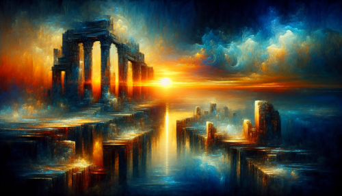 A sublime painting that captures the mesmerizing beauty of ancient ruins at sunset, intertwined with the concept of time and memory. The ruins, soaked in the golden-hued radiance of the setting sun, embody the passage of time, their decrepit fragments bearing silent testament to forgotten tales. The shifting shades of the sky, from vibrant orange to sooty twilight, subtly echo the fleeting nature of memories. This artwork draws viewers into a poignant, multi-sensory experience, designed to evoke nostalgia and reflection.