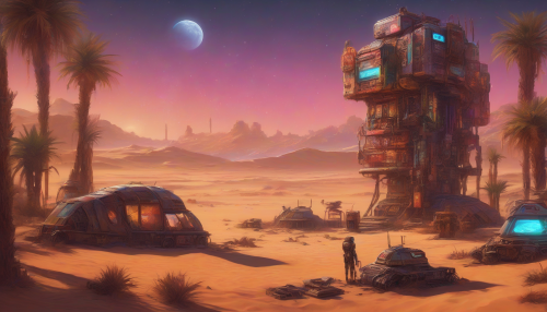 A lone oasis shimmering with holographic palms, surrounded by endless dunes and rusty robotic ruins, under a sky ablaze with stars and neon advertisements.