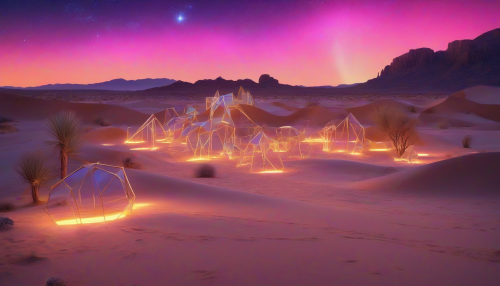 A starry night sky envelops a desert landscape, twinkling lights mirrored in shimmering sand, as neon installations emerge, casting an ethereal glow, blending technology and nature in harmony.