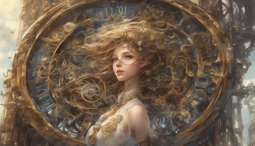 In the heart of a mystical realm, an Enchanted Clockwork Tower stands tall, surrounded by intricate gears and shimmering clock faces, as a realistic portrait of a serene maiden is enshrined within its mechanism, blending magic and science in perfect harmony.