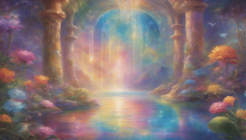 Drift through a tranquil atmosphere, surrounded by radiant floating crystal gardens that refract soft, rainbow hues, as gentle whispers of ancient wisdom and soothing melodies envelop your soul, guiding you toward profound inner peace and spiritual connection.