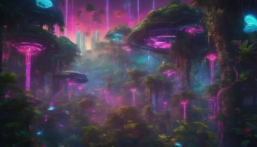 Immerse yourself in a stunning scene where vibrant neon lights pierce through a dense, lush tropical rainforest. Towering trees draped in bioluminescent vines pulse with electric colors, while futuristic drones hum above the canopy. In the background, a sleek, high-tech cityscape melds with nature, showcasing a harmonious blend of advanced technology and untouched wilderness, filled with vivid flora and fauna.