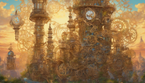 Imagine a towering structure of intricate gears and cogs, glistening in the golden light of sunset. This enchanted clockwork tower melds elements from various cultures, featuring ornate carvings of mythical creatures and delicate mosaics. Surrounding it, lush gardens flourish with blossoms from around the world, creating a harmony of nature and machine that beckons the curious traveler.