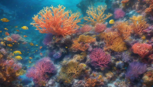 Soft, ethereal light dances across vibrant prismatic coral reefs, as gentle waves whisper secrets, creating an enchanting underwater world of shimmering colors and delicate beauty.