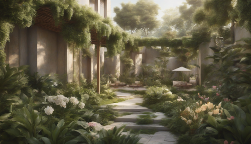 Soothing sounds and lush greenery envelop a serene atmosphere, with delicate foliage and exotic flowers peeking through a simple, earthy color palette, evoking a sense of tranquility and connection to nature.