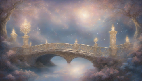 Delicate, swirling bridges of mist and starlight weave across the sky, adorned with Rococo flourishes, as if the heavens themselves were a masterpiece of intricate, ethereal design, shimmering with an otherworldly elegance.