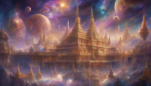 Envision a grand palace nestled within a swirling nebula, its towering spires shimmering with iridescent colors. Each architectural detail reflects celestial symbolism, from intricate star patterns to ethereal motifs representing the cosmos. Wisps of stardust weave through the air, while planets and moons orbit the palace, creating a breathtaking scene that captures the profound connection between royalty and the universe.