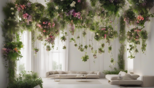 Softly illuminated lush hanging gardens suspended in mid-air, with delicate greenery and vibrant blooms, minimalist composition emphasizing simplicity and elegance, inviting the viewer to step into a tranquil world of natural beauty.