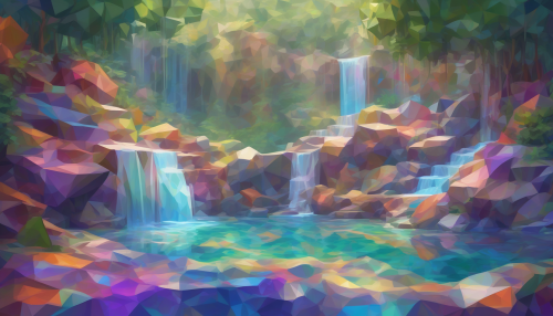 Imagine a breathtaking landscape where vibrant, low poly geometry forms a stunning waterfall cascading through a mosaic of colorful rocks. The ethereal Rainbow Veil Falls pours crystal-clear water into a serene pool below, surrounded by lush greenery, each polygon reflecting hues of blue, green, and purple. The scene radiates a sense of calm and wonder, inviting viewers to explore its beauty.