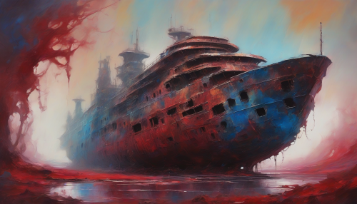 In a distant, desolate landscape, a colossal starship lies abandoned, overtaken by wild, vibrant flora and swirling mists. Expressionist brushstrokes breathe life into the scene, capturing the haunting beauty of decay. The ship’s rusted hull glimmers with hues of deep crimson and electric blue, evoking a sense of nostalgia and lost dreams amidst the cosmic silence.