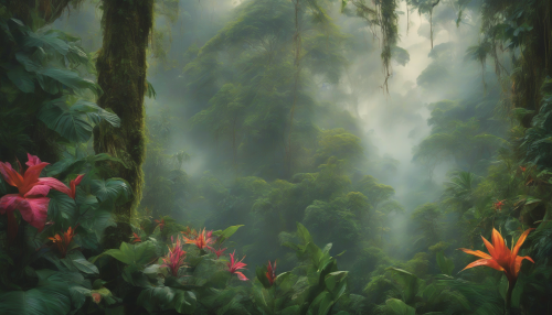 A vivid portrait emerges amidst lush foliage, exotic flowers, and towering trees, as the gentle mist of the rainforest weaves a serene atmosphere around the subject, capturing the essence of a hidden world.