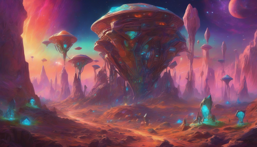 Explore a vibrant alien landscape where intricate mining structures rise against a dazzling twilight sky. The scene is alive with a mix of colors, as diverse extraterrestrial beings engage in labor alongside cultural festivities, showcasing their unique traditions. Glowing crystals jut from the ground, illuminating the scene, while a distant nebula adds an otherworldly touch to this bustling cosmic community.