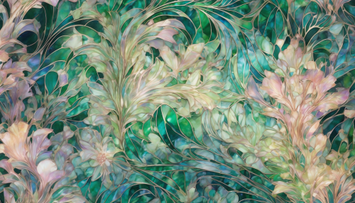 Delicate, swirling Art Nouveau patterns dance across iridescent crystals, suspended in mid-air, as lush greenery spills from each facet, creating a mesmerizing floating garden that shimmers and glows.