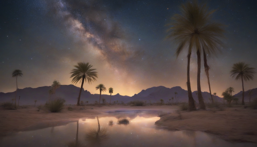 A serene desert oasis glows under a star-filled sky, with palm trees swaying gently in the breeze, as the Milky Way shines brightly above, casting an ethereal glow on the tranquil scene.