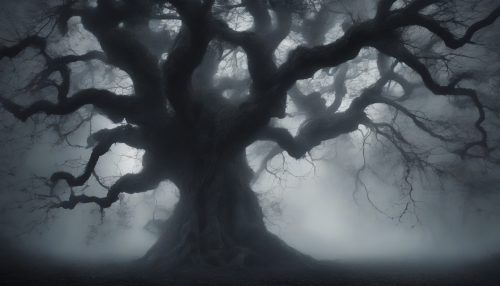 In the dead of night, an eerie silence falls, punctuated only by the soft whispering of ancient trees, their leaves rustling with an otherworldly language, as darkness stirs and supernatural forces converge.