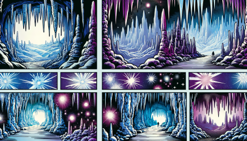 In a vivid explosion of comic style aesthetics, the world of Chill Factor: Stellar Ice Caverns Unleashed comes to life. The boundless cosmos is home to a labyrinth of enchanting ice caverns. Icy stalactites and stalagmites shimmer in cosmic hues, their glowing crystalline structures echoing the silent whisper of distant stars. Every panel is an exploration, with mystery and adventure waiting around every frosted corner. The comic style allows for dramatic expressions, adventurous situations, and a colour palette dominated by cold blues, purples and vibrant white highlights.