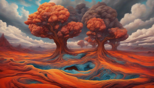 Imagine a surreal volcanic plain where molten colors clash with the sky. The land is distorted, featuring exaggerated hills that mimic the flow of lava, while fluffy clouds twist into unexpected shapes. Ancient trees, twisted and surreal, rise from the ground, their roots intertwining with vivid streams of magma. This dreamscape invites viewers to ponder the intersection of reality and imagination.